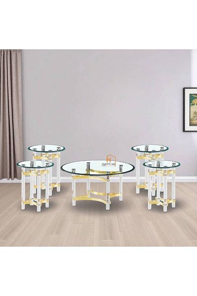 Al Saada Home طقم طاولة مستديرة من الفولاذ والأكريليك - ذهبي - 4 قطع + قطعة واحدة