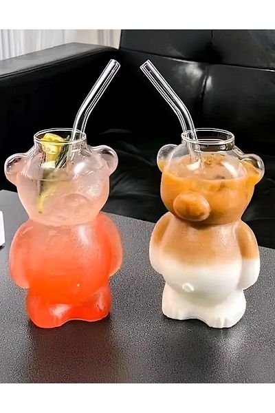 MİS KİTCHEN 2 Pcs Cold Hot Pinterest Model Teddy Bear Model Pinterest Cup Latte and Cappuccino Cup 320 ml