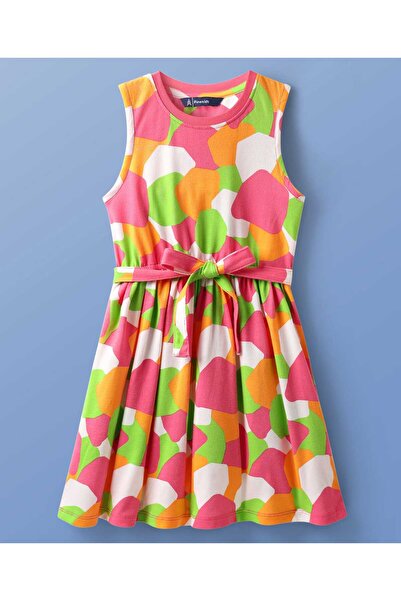 Pine kids فستان قطني مطبوع مع حزام - متعدد الألوان