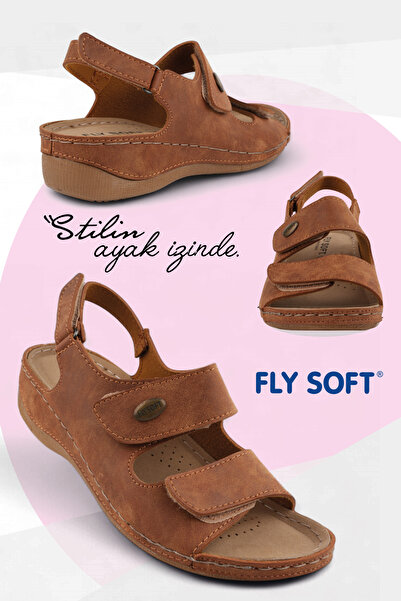 FLY SOFT Tan Color Velcro, Stitched, Anatomical and Breathable Sole, Women's Sandals
