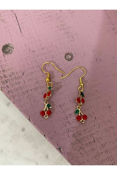 Stoneday Gold Detailed Plated Dangle Cherry Earrings