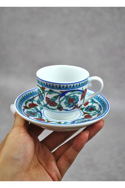 Qualitev 2-Person 4-Piece Tile Motif Porcelain Tulip Ottoman Turkish Coffee Cup Set-Ottoman