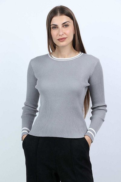 mica Women's Striped Long Sleeve Ribbed Blouse with Round Neck