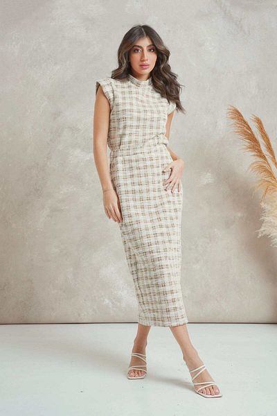 mica Women's Wide Checkered Midi Skirt with Front Split
