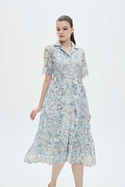 mica Women's Floral Midi Dress with Half Sleeves and Shirt Collar