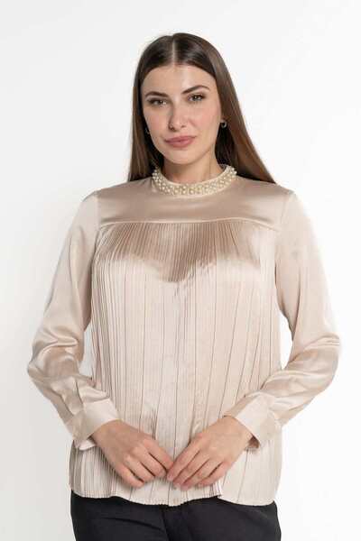 mica بلوزة نسائية بأكمام طويلة وياقة مزينة باللؤلؤ