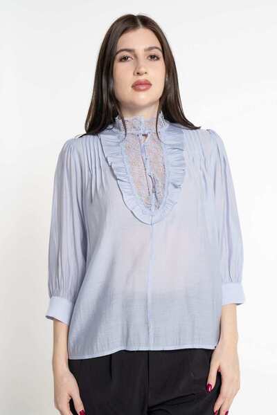 mica Women's Solid Front Ruffled 3/4 Sleeve Blouse