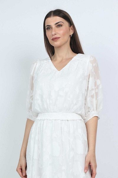 mica Women's Sheer Puff Sleeve Floral Embroidered Blouse with 3/4 Length Sleeves