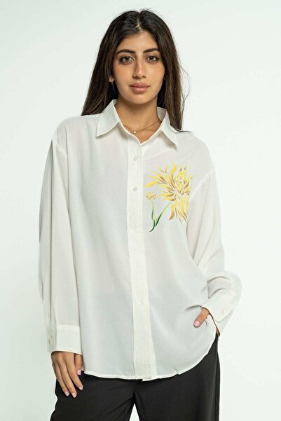 mica Plain Shirt with Floral Print on Chest, Long Sleeves