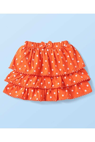 Babyhug Top & Skirt Set with Bird and Polka Dots Print & Bow Applique - Orange & White