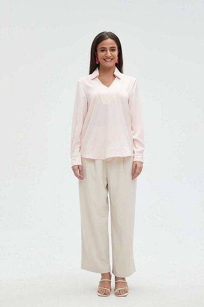 mica Women's Solid Long Sleeve Blouse with High Neck Opening