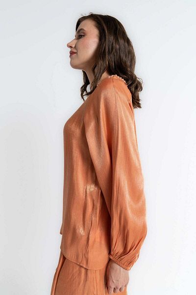 mica Shiny Long Sleeve Women's Blouse with Embroidered Neckline