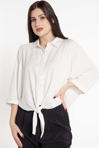mica Women's Solid 3/4 Sleeve Blouse with Front Buttons and Tie