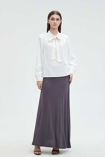 mica Women's Solid Long Sleeve Blouse with Bow Tie Neck