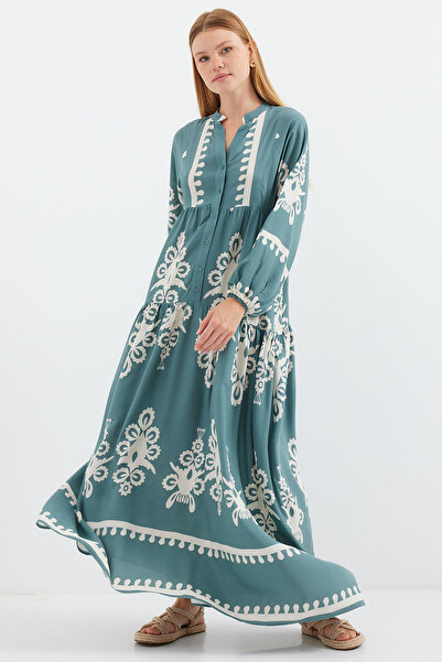 Merterium Дамска рокля с шарки и хиджаб, цвят мента, 1010