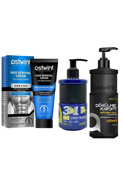 Ostwint Depilatory Cream Sensitive Skin - 100ml (men), 3 in 1 Shower Gel 250ml Anti-hair loss shampoo 1000ml