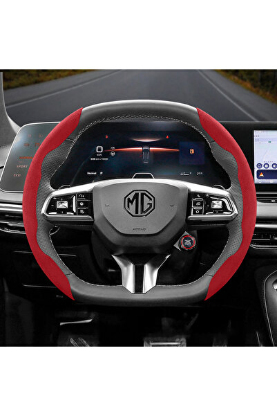 Choice غطاء عجلة قيادة بيضاوي أحمر مناسب لسيارة MG، مصنوع من جلد سويدي مقسم ومشبك غير قابل للانزلاق، مناسب لسيارة MG ZS