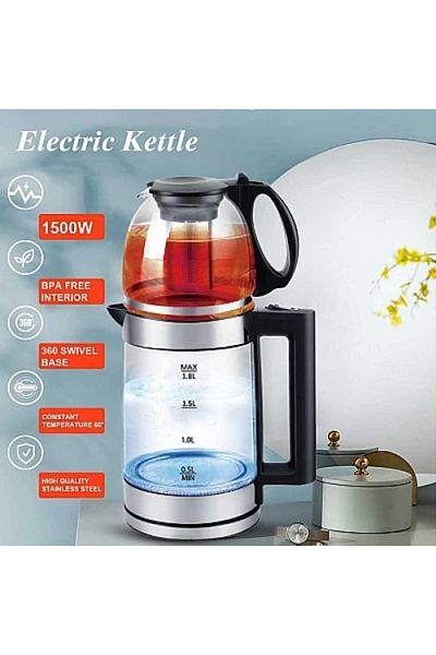 FOXMAG24 Încălzitor de apă cu fierbător, din sticlă, electric, putere 1500W, funcție de menținere la cald, negru/argintiu
