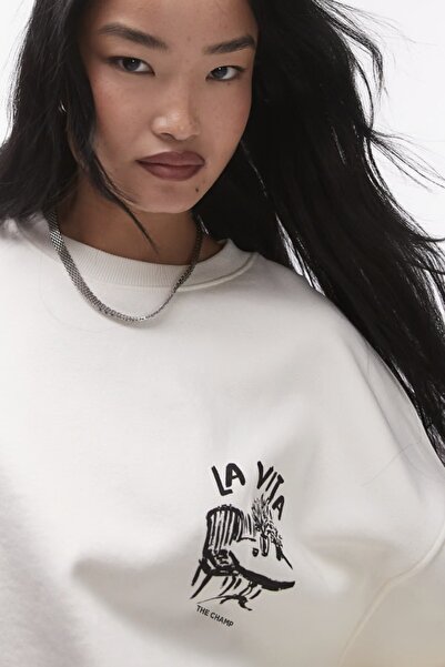 The Champ Clothing Uniszex fehér, legény nyakú pulóver, Dolce Casa nyomott mintával, 3 szálas, dombornyomott, túlméretezett