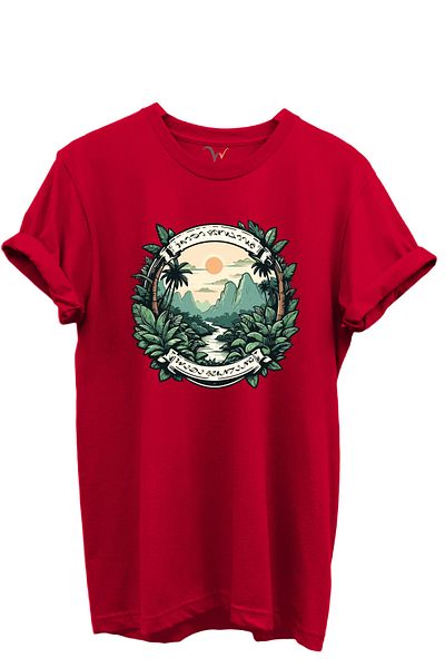WİDİ Hunting Nature Themed 100% Cotton Regular Fit Unisex T-Shirt with Tropical Forest and Mountain View