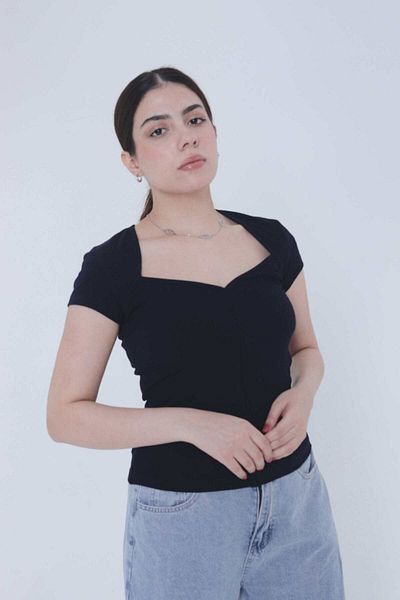 mica Women's Cotton Blouse with Square Neckline and Short Sleeves