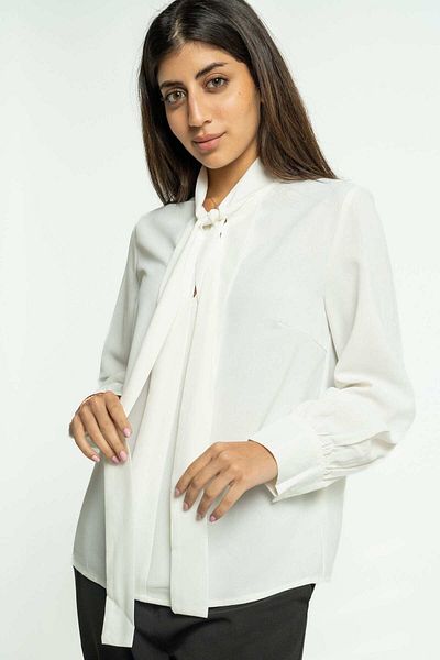 mica Solid Long Sleeve Blouse with Neck Tie