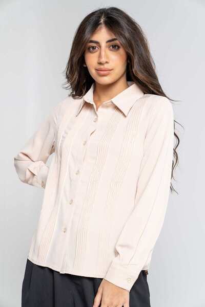 mica قميص أبيض مخطط سادة بأكمام طويلة