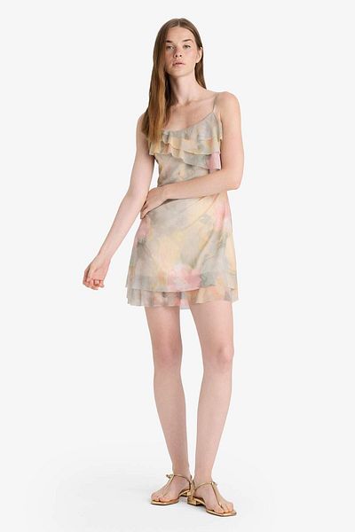 DeFacto Ruffled Neckline Floral Print Tulle Strap Mini Dress F6148Ax25Au
