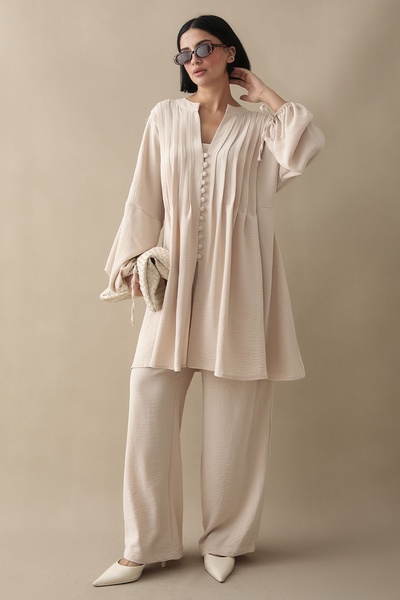 InStyle Béžová súprava Ayrobin s rebrovanými rukávmi a šnúrkou