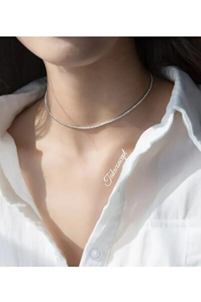 TakıConcept Gümüş Renkli Su Yolu Taşlı Choker Kadın Kolye