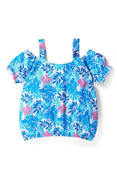 Babyhug Single Jersey Cold Shoulder Top & Skirt Co -Ord Set With Floral Print - Blue