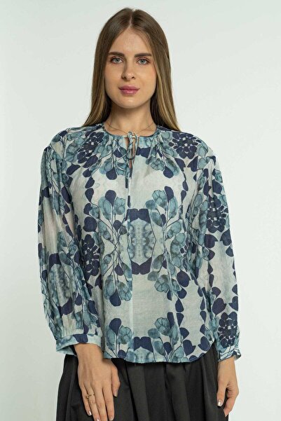 mica Floral Wide Blouse with Ties and Long Sleeves