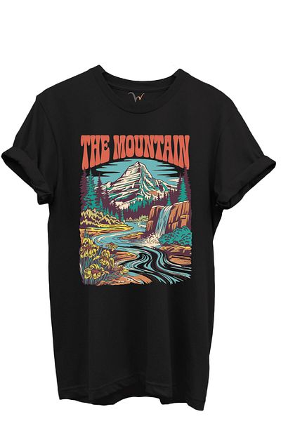WİDİ Tricou unisex cu aspect normal, 100% bumbac, cu scrisul The Mountain și cascadă