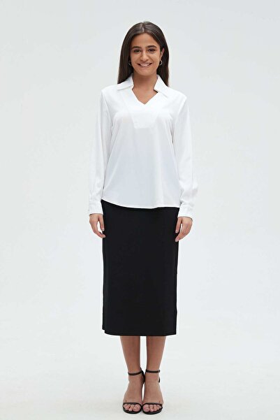 mica Women's Solid Long Sleeve Blouse with High Neck Opening