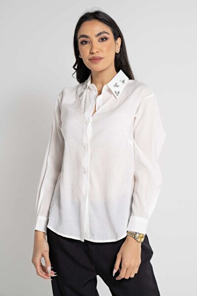 mica Embroidered Collar Long Sleeve Shirt with Front Buttons