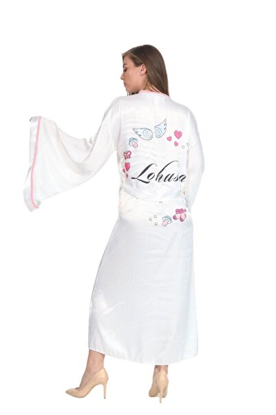 Lohussa Women's Bridal Ecru Maternity Patterned Flounced Special Design Dressing Gown Long Silky Satin Kimono