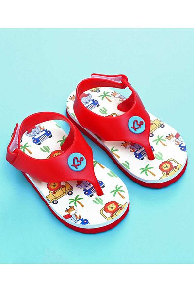 Babyoye Velcro Closure Flip Flops with Animals Print - Red/White