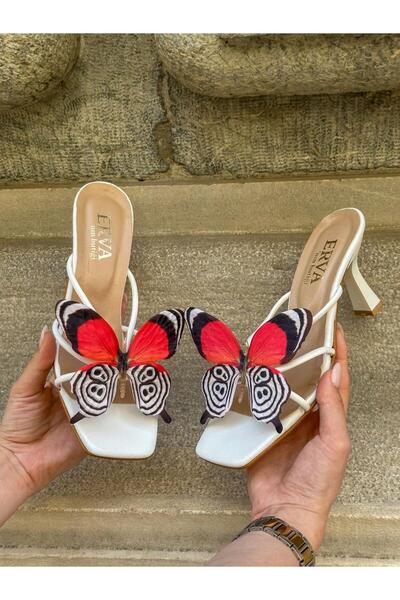 ERVANIN BUTİĞİ White Skin (Butter) White Red Butterfly Heeled Women's Slippers