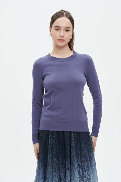 mica Women's Long Solid Color Blouse with Round Neck and Long Sleeves