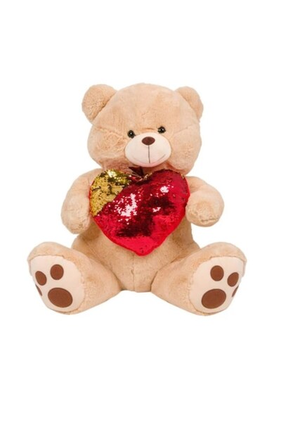 OEM Ursuleț de pluș bej cu inimă roșie cu paiete 60 cm