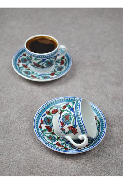 Qualitev 2-Person 4-Piece Tile Motif Porcelain Tulip Ottoman Turkish Coffee Cup Set-Ottoman