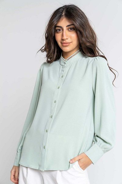 mica Women's Long Sleeve Blouse with Front Buttons and Lace Collar