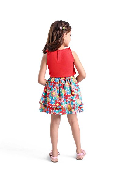 Babyhug Single Jersey Knit Sleeveless Floral Printed Top & Skirt Set with Text Embroidery - Red