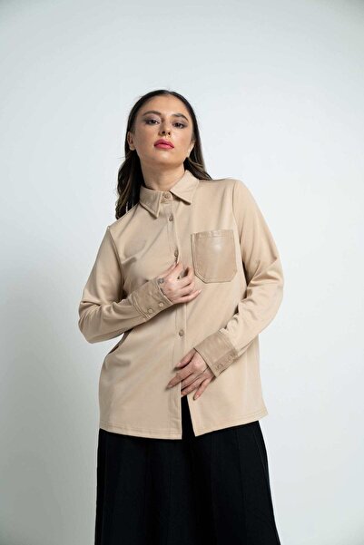 mica قميص نسائي بأكمام طويلة مع جيب جلدي على الصدر