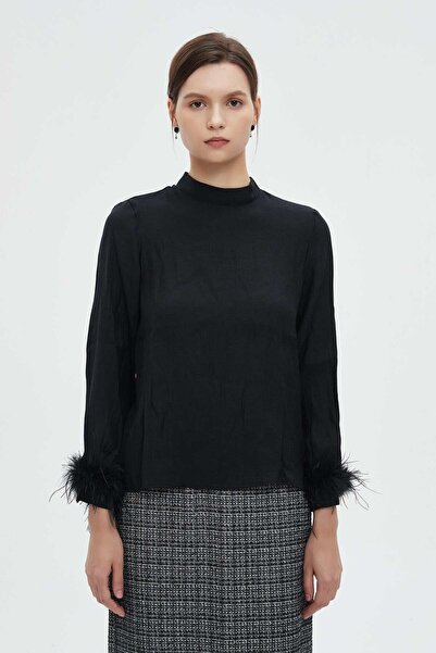 mica High Neck Long Sleeve Blouse with Fur Trim