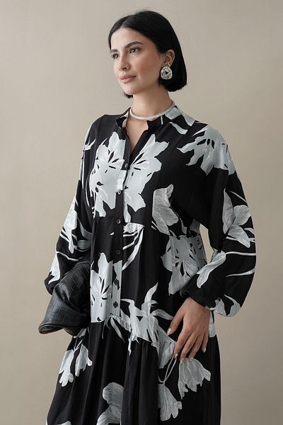 InStyle Large Orchid Pattern Black Viscose Dress