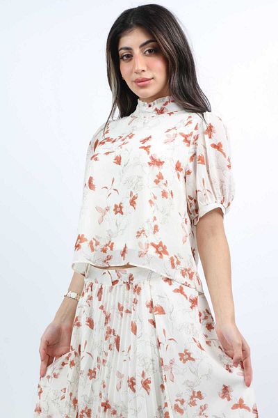 mica Floral Print High-Neck Half-Sleeve Blouse