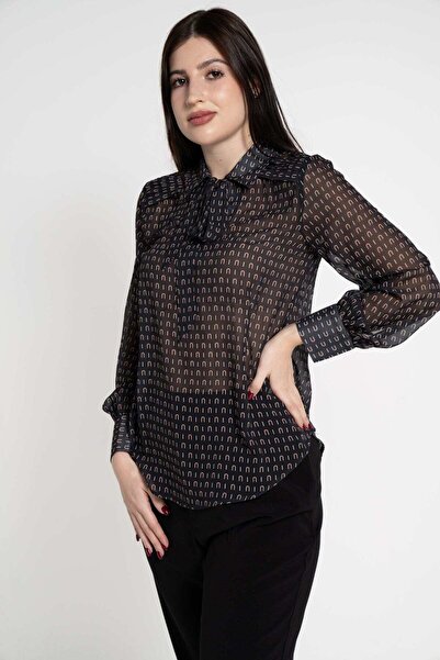 mica بلوزة نسائية مطبوعة بأكمام طويلة ورقبة وشاح