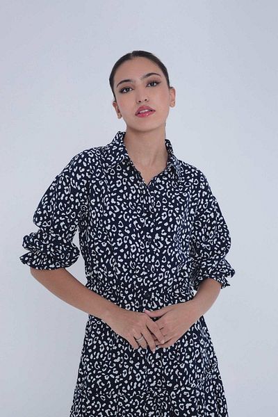 mica Women's Long Sleeve Puff Sleeve Leopard Print Short Shirt
