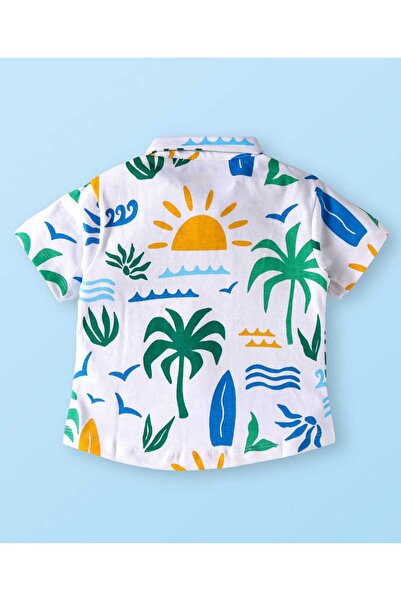 Babyhug Single Jersey Knit Half Sleeves Shirt & Shorts Co-ord Set with Beach Print - White